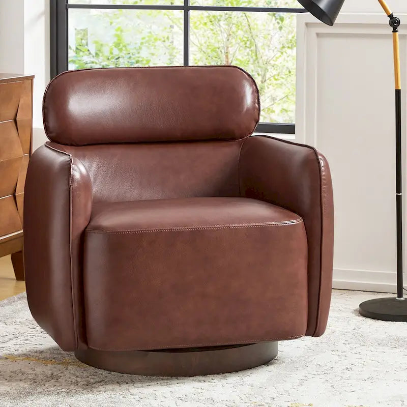 Fauteuil Tonneau Pivotant en Cuir Véritable Moderne