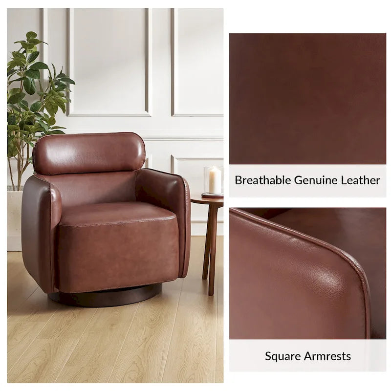 Fauteuil Tonneau Pivotant en Cuir Véritable Moderne