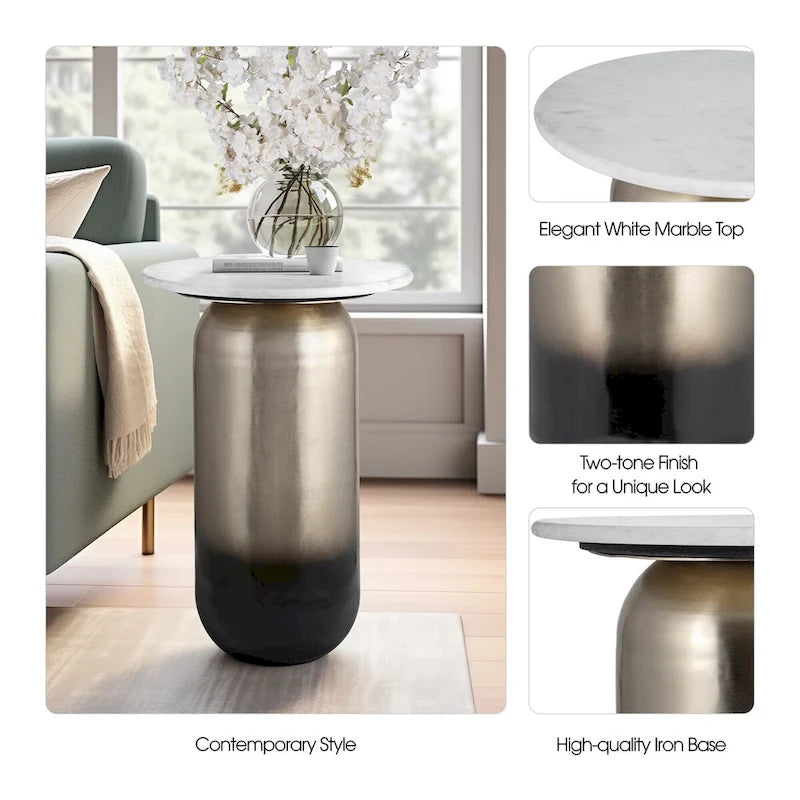 Table d'appoint en métal avec plateau en marbre - 40,6 x 40,6 x 58,4 cm